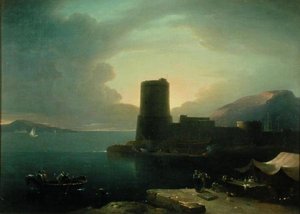 ヴェスヴィオ山を背景にしたナポリ湾のポシリピオ岬（油彩・キャンバス） 作： Robert Freebairn