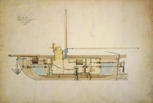 発明者ロバート・フルトン（1765-1815）が1806年にアメリカ上院に提出した初の水中船（潜水艦）「ノーチラス号」の原図。 作： Robert Fulton