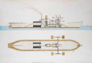 ロバート・フルトンが設計した蒸気船、水彩画、アメリカ 作： Robert Fulton