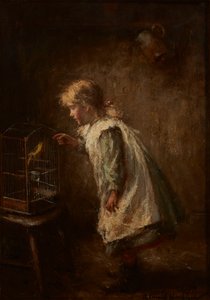 ペットのカナリア (キャンバスに油彩) 作： Robert Gemmell Hutchison