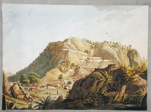 ウートラ・ドゥルグムの南西の景色（J.W.Edyが彫刻・彩色した「Twelve Views of Mysore, the Country of Tippoo Sultan」からの挿絵、1804年発行（カラー・アクアチント）。 作： Robert H. (after) Colebrooke