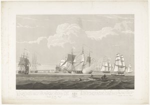 1833年、ポーツマス港から出港した12隻のオランダ商船（プレート3） この 3 枚のプレートのセットは、1833 年 6 月 2 日にポーツマス港から出港する 12 隻の Nederlandsche Koopvaardy 船の通商禁止を描いています。 作： Robert Havell (II)