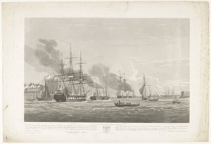 1833年、ポーツマス港からの12隻のオランダ商船の出発（プレート2） この 3 枚のプレートのセットは、1833 年 6 月 2 日にポーツマス港から出港する 12 隻の Nederlandsche Koopvaardy 船の通商禁止を描いています。 作： Robert Havell (II)