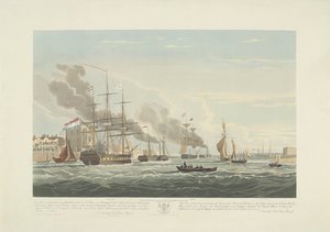 1833年、ポーツマス港からの12隻のオランダ商船の出発（プレート2） この 3 枚のプレートのセットは、1833 年 6 月 2 日にポーツマス港を出港する 12 隻の Nederlandsche Koopvaardy 船の通商禁止を描いています。 作： Robert Havell (II)