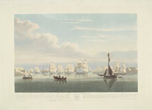 1833年、ポーツマス港から出港した12隻のオランダ商船（プレート1） 1833 年 6 月 2 日のポーツマス港からの 12 隻の Nederlandsche Koopvaardy 船のエンバーゴからの出発を描いた 3 枚のプレートのセット。 作： Robert Havell (II)