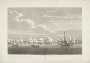 1833年、ポーツマス港からの12隻のオランダ商船の出発（プレート1） 1833 年 6 月 2 日のポーツマス港からの出港を描いたこの 3 枚のプレートのセットは、禁輸措置から解放された 12 隻の Nederlandsche Koopvaardy 船のうちの 1833 年 6 月 2 日です。 作： Robert Havell (II)