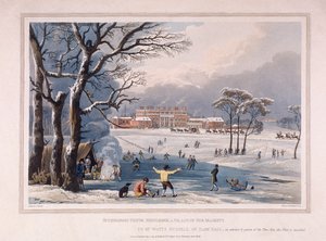 冬のバッキンガム ハウスとセント ジェームズ パーク、ロンドン、1817 年 作： Robert Havell