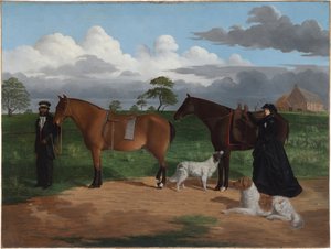 1856 年、メラン駅でブラック ジミーと一緒にいるアドルファス シーレス夫人 作： Robert Hawker Dowling