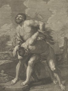ライオンの皮をまとい、アケロースと戦うヘラクレス、背景の風景、..., ca. 1713-72。 作： Robert Hecquet