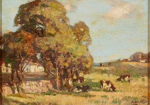 牧歌的な風景の中で放牧されている牛（船上油） 作： Robert Hope