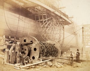 「グレート・イースタン」の横にあるイザムバード・キングダム・ブルネル、c1857 作： Robert Howlett