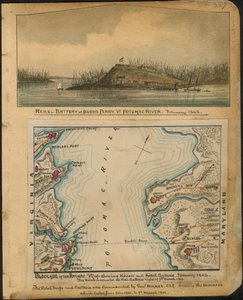 ポトマック封鎖。1862年1月の北軍と南軍の砲台を示す地図。反乱軍は1862年3月4日の夜、すべての砲台を避難させた。LOC gvhs01.vhs00066 作： ロバートノックススネーデン