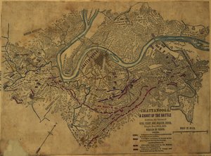 チャタヌーガ グラント将軍とブラクストン・ブラッグ将軍の戦いの図。1863年11月24日から5日にかけて行われた、グラントとブラクストン・ブラッグ両軍の戦いのチャート。LOC gvhs01.vhs00275 作： ロバートノックススネーデン