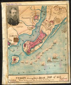 フォート・フィッシャーは北軍の攻撃を受けている（中略）1865年1月15日、降伏後に米国工兵によって行われた調査から。LOC gvhs01.vhs00185 作： ロバートノックススネーデン