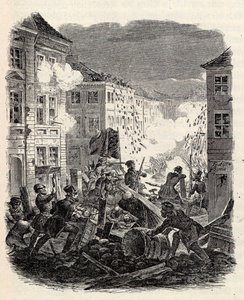 1848 年 3 月 18 日から 19 日の夜、ベルリンのケルン市庁舎でのバリケード戦。 作： Robert Kretschmer