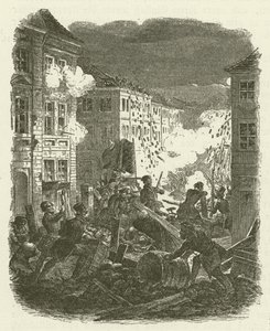 1848年3月18〜19日の夜にベルリンのケルン市庁舎の外のバリケードで戦う 作： Robert Kretschmer