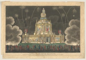 1814 年 9 月 9 日、G を祝うためにグリーン パークに建てられたコンコード神殿の眺め。 作： Robert Laurie