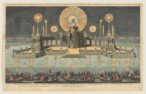 1794 年、オハイオ州ヘーグの裁判所近くの水上に建てられた大劇場と花火の眺め。 作： Robert Laurie
