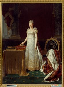 ナポレオン1世の妻であり、帝国のレジェンテを代表するオーストリアのマリー・ルイーズ（Marie-Louise）（1791年～1847年）の印象的なポートレートで、1812年にナポレオンから寄贈されたショーメのダイヤモンドセットを身につけている - 背後にはナポレオンの "N "を飾ったエンパイアスタイルのアームチェアがある。 作： Robert Lefevre