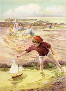 彼の新しいボート - ビーチでおもちゃのボートで遊んでいる少年 (色リソ) 作： Robert Lillie