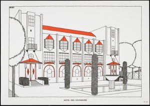 Hôteldes voyageurs、Une Cite Moderne、ロブマレットスティーブンスアーキテクトによるドローイング、1987年（出版）