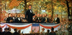 1858年9月18日、イリノイ州チャールストンで1918年に討論されたエイブラハムリンカーンとスティーブンA.ダグラス 作： Robert Marshall Root