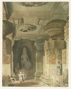 インドの風景、衣装、建築の第2巻から、エローラにあるインドラサブバの洞窟寺院の内部。デイビッドロバーツ（1796-1864）によって描かれ、トーマスカーナン（fl.1821-50）によってエッチングされ、彫刻されています。