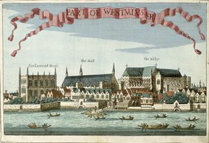 「ロンドンの街とその周辺の注目に値する場所の展望の書」、1700年頃のウェストミンスターの修道院、ホール、国会議事堂 作： Robert Morden
