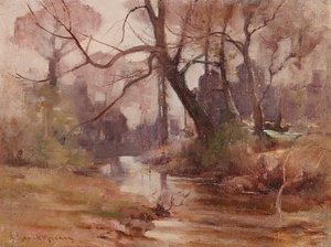 川沿いの静かな開拓地（キャンバスに油彩） 作： Robert Russell MacNee