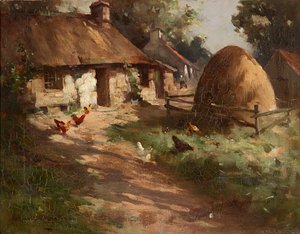 干し草の山で鶏 (キャンバスに油彩) 作： Robert Russell MacNee