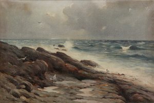 岩の多い海岸線（キャンバスに油彩） 作： Robert Russell MacNee