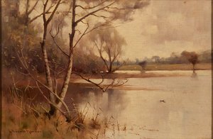 湖畔のシルバー バーチ (キャンバスに油彩) 作： Robert Russell MacNee