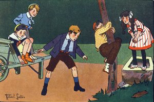 猫の止まり木です。E.ウェーバーの「What are we playing?「ロベール・サレス（1871-1929）の水彩画によるE.ウェーバーの作品。パリ、ガルニエ・フレール社 作： Robert Salles