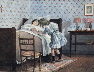 病気の母親の枕元で、戦争を待つ少女の姿。ロベール・サレス（1871-1929）による「Je sais Lire」の挿絵。 作： Robert Salles
