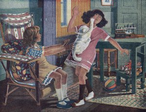 アネットの小さな猫：友達と遊んでいる少女の顔を白い猫が引っ掻く。ロベール・サレス（1871-1929）による「Je sais Lire」のイラスト。 作： Robert Salles