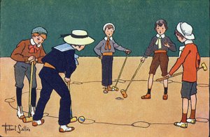 Ball by hours（ボールとマレットを使ったスキルゲーム）。E.ウェーバーの「What are we playing?「ロベール・サレス（1871-1929）の水彩画によるE.ウェーバーの作品。パリ、ガルニエ・フレール社 作： Robert Salles