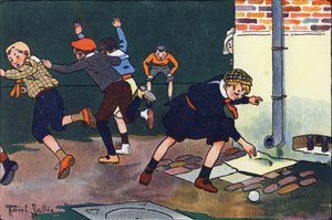 壁に弾を当てる。E.ウェーバーの「What are we playing?「ロベール・サレス（1871-1929）の水彩画によるE.ウェーバーの作品。パリ、ガルニエ・フレール図書館 作： Robert Salles
