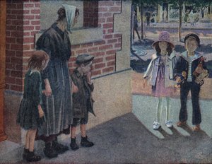 慈善活動：母と2人の子供が、貯金やおもちゃをくれる道端の少年少女にミョウバンを頼む。ロベール・サレス（1871-1929）による「Je sais Lire」の挿絵。