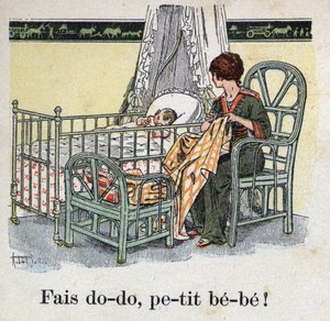 子どもの本「I will read - パパによる方法的で楽しいアルファベット」1926年。ロベール・サレス（1871-1929）のイラスト。"Sleep, baby baby!".子供部屋で赤ちゃんが寝るのを待って縫い物をする母親。 作： Robert Salles