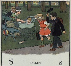子どもの本「I will read - パパによる方法的で楽しいアルファベット」1926年。挿絵はRobert Salles（1871-1929）。アベセダリー：SalutとしてのSの文字。男の子が帽子を上げて夫婦と赤ちゃんに挨拶しています。 作： Robert Salles