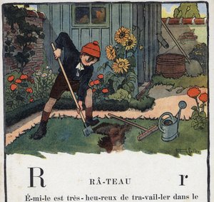子どもの本「I will read - パパによる方法的で楽しいアルファベット」1926年。挿絵はRobert Salles（1871-1929）。Abecedaire：Rの文字はRake（熊手）。少年の家の庭での出来事。