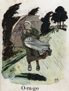 子どもの本「I will read - パパによる方法的で楽しいアルファベット」1926年。ロベール・サレス（1871-1929）のイラスト。"Storm": 雨の中の女性が傘で避難している。 作： Robert Salles