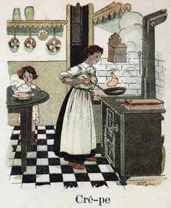 子どもの本「I will read - パパによる方法的で楽しいアルファベット」1926年。ロベール・サレス（1871-1929）のイラスト。フライパンの中のクレープを吹き飛ばす母。