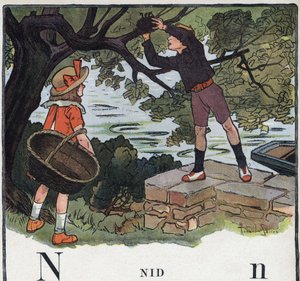子どもの本「I will read - パパによる方法的で楽しいアルファベット」1926年。挿絵はRobert Salles（1871-1929）。アベセダリー：NestとしてのNの文字。木の上に作られた巣を少年が取る。 作： Robert Salles