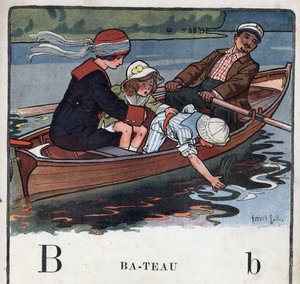 子どもの本「I will read - パパによる方法的で楽しいアルファベット」1926年。ロベール・サレス（1871-1929）のイラスト。アベセデール：Bの文字はボート。ボートに乗った家族が散歩をしています。 作： Robert Salles