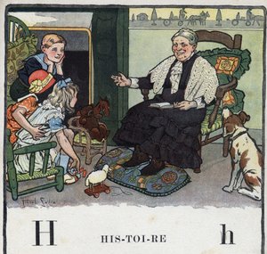 子どもの本「I will read - パパによる方法的で楽しいアルファベット」1926年。挿絵はロベール・サレス（1871-1929）。アベセデール：歴史としてのHの文字。暖炉のそばで孫たちに物語を語るおばあちゃん。