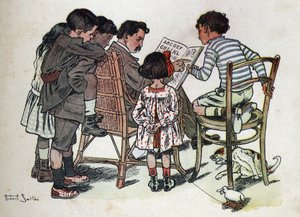 子どもの本「I will read - パパによる方法的で楽しいアルファベット」1926年。Robert Salles（1871-1929）のイラスト。ある家庭の父親が子どもたちに読み方を教えている。