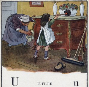 子どもの本「I will read - パパによる方法的で楽しいアルファベット」1926年。挿絵はRobert Salles（1871-1929）。アベセダリー：Uの字が「役に立つ」。女の子が掃除やほこり取りを手伝っています。