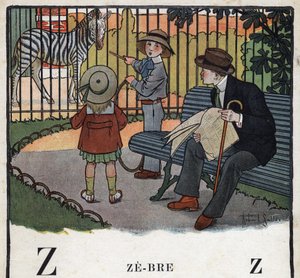 子どもの本「I will read - パパによる方法的で楽しいアルファベット」1926年。挿絵はRobert Salles（1871-1929）。アベセデール：Zの文字がゼブルになっています。子供たちはフープを持って、動物園のシマウマを見ています。 作： Robert Salles