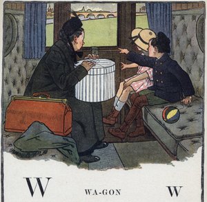子どもの本「I will read - パパによる方法的で楽しいアルファベット」1926年。ロベール・サレス（1871-1929）のイラスト。Abecedaire：Wの文字はWagon。母親と一緒に二人の子供が列車のコンパートメントで旅をしている。 作： Robert Salles